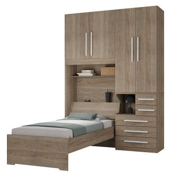 Guarda-Roupa de Solteiro com Cama 1225D Castanho